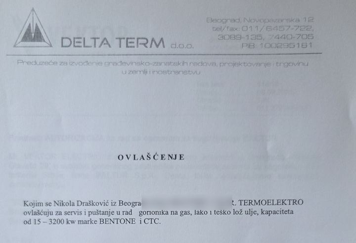 Ovlašćenje Delta Term za servis Bentone i CTC gorionika, 2012.