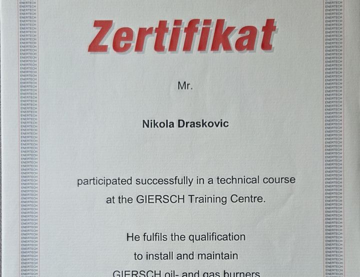 Giersch sertifikat na ime Nikole Draškovića, 2017.