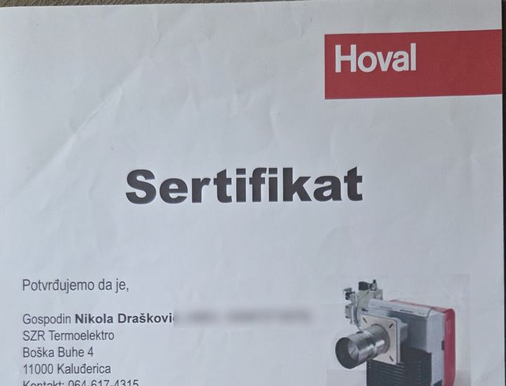 Hoval sertifikat na ime Nikole Draškovića, 2009.