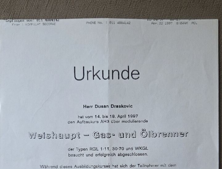 Weishaupt Urkunde, Dušan Drašković, 1997.
