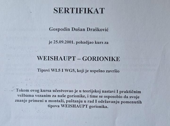 Weishaupt sertifikat, Dušan Drašković, 2001.