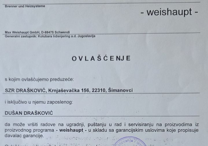 Weishaupt ovlašćenje, SZR Drašković i Dušan Drašković, bez datuma.
